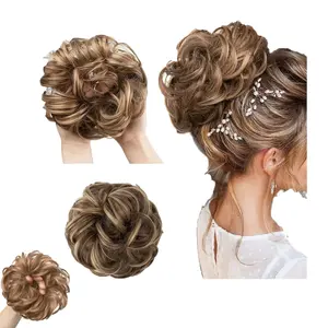 Women Synthetic Clip Hairpiece, Wavy Curly Thick Hair Scrunchies, Easy Wear Chignon Ponytail Hair Extensions, Brunette Honey Blonde Updo Hair Accessories