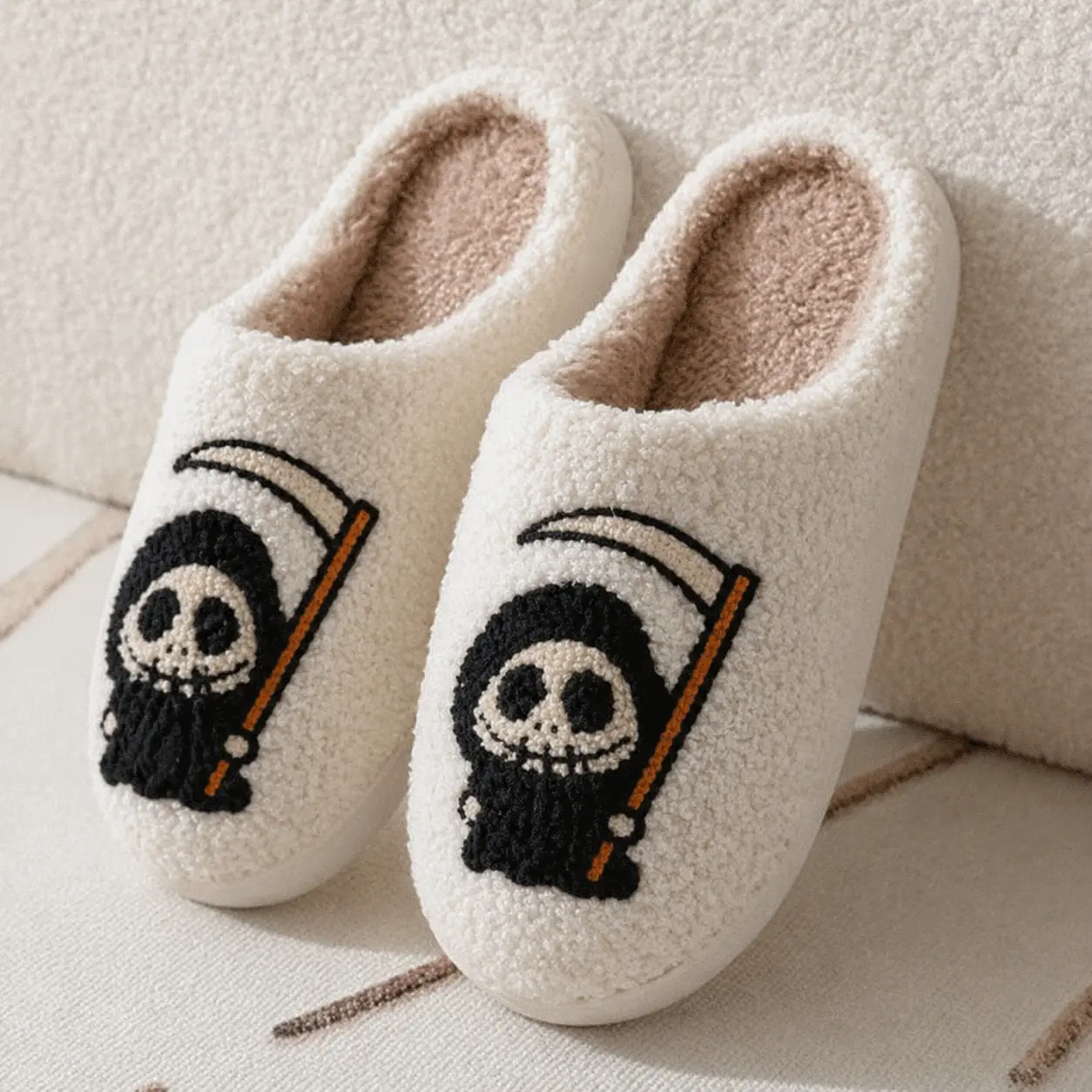 Halloween Ghost Plush Slippers for Women , Cute Spooky Face Fluffy House Shoes, Cozy Indoor Outdoor Slippers