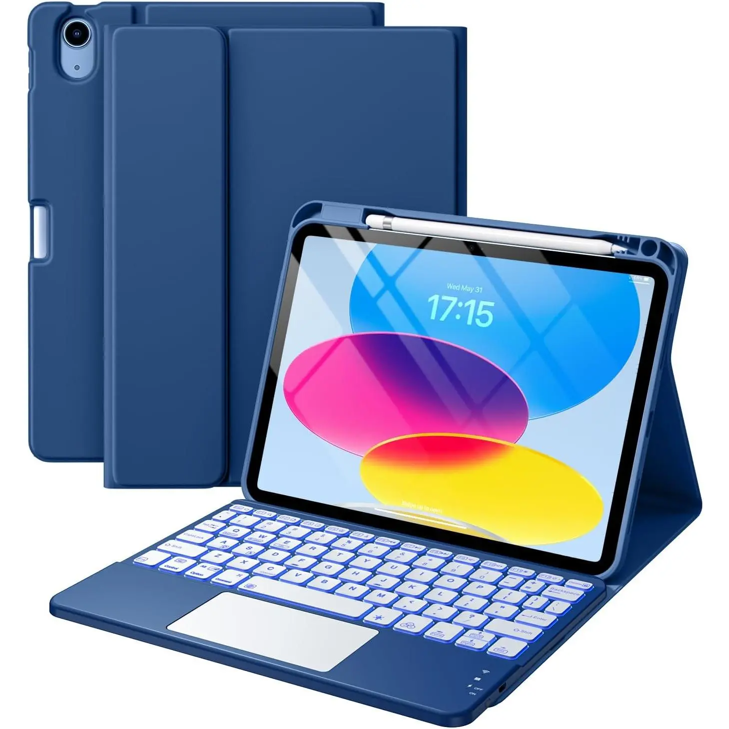 Compatible for iPad 11th 10th Generation Case with Keyboard, Folio Cover with Pencil Holder, Multi- Trackpad, 7 Color Backlit, Detachable Keyboard for iPad (A16) 11th/10th Gen (Navy Blue)