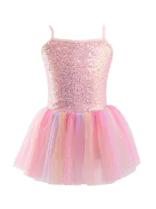 Children’s Pink Sequined Ballet Dress, Rainbow Gradient Mesh Camisole Performance Dancewear