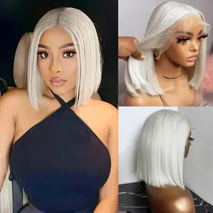Wholesale New Fashionable Short Bob Human Hair Wig 180% Density Platinum Blonde Colored Pre Plucked Straight 13x4x1 Lace Front Wig Pixie Cut#60 Color Frontal Wig For Women Brazilian Remy Human Hair T Part Lace Wigs