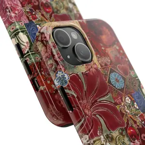 Vintage Tiled Botanical Phone Case for IP 16 15 14 13 12 11 Pro Max XR Xs 6 7 8 Plus SE, Vintage Boho Patchwork Floral Case, Pomegranate & Floral Tile, Vintage Aesthetic Phone  Cover, Girly Floral Tough Case, Waterproof