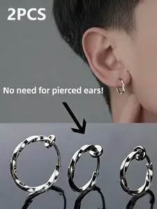 Silver Color Clip Earrings, Casual Striped Design, No Piercing Required, Stainless Steel, Unisex, Perfect Gift for All Seasons, Non Piercing Earrings, Non Piercing Jewelry, Non Pierced Earrings