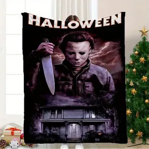 Halloween Horror Movie-Themed Flannel Blanket with Michael Myers Design - Cozy Throw, Lightweight - for Bed, Sofa, Home Decor - Ideal Gift for Horror Fans, Halloween Decorations - 280GSM