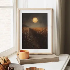 Harvest Moon over Cornfield Painting - Moody Autumn Landscape Art, Rustic Fall Decor, Earthy Wall Art, Unframed