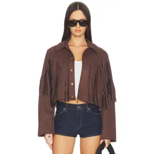 MORE TO COME Baylor Fringe Faux Suede Jacket in Dark Brown