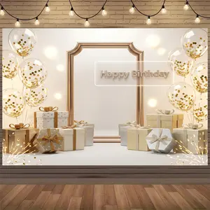 Gold Happy Birthday Backdrop Banner White and Gold Background for Women Glitter Star and Balloon Photography Backdrop for Birthday Table Wall Decoration Party Supplies