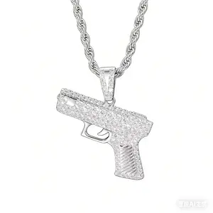 Iced Out Gun Pendant Men's Statement Chain Necklace Bling Rapper Accessory Sparkling Bling Material Unique Eye-Catching Design Perfect for Rappers and Bold Accessories customizable with engraved letters, logos or patterns Iced Out Jewelry