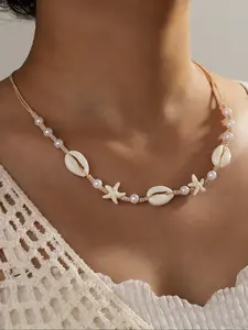 Resin Shell Necklace, Turquoise Starfish Braided Choker, Beach Vacation Style, Women's Collarbone Chain, Handmade Jewelry Gift, Exquisite Jewelry Gift