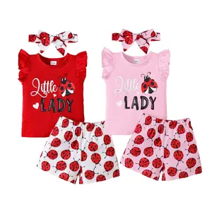 3pcs Toddler Baby Girl Short Set  Letter Graphics Sleeveless T Shirt Tops & Ladybug Print Shorts & Headband 6m-3y Girls Casual Outfits,Ready Stock 22404012