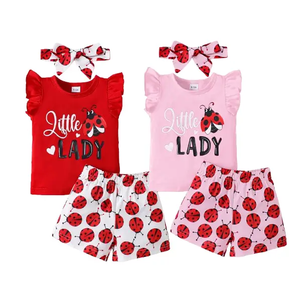 3pcs Toddler Baby Girl Short Set Letter Graphics Sleeveless T Shirt Tops & Ladybug Print Shorts & Headband 6m-3y Girls Casual Outfits,Ready Stock 224