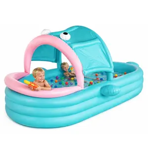 Inflatable Kiddie Pool with Canopy, Giant Fish Blow Up Pool for Kids Toddlers Adults, Thickened PVC Family Pool, 3 Air Chambers, 126"x86.61"x20.47" Backyard Summer Splash,garden tub