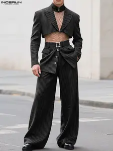 INCERUN Men's Fashion Simple Striped Cut-Off Long Sleeve Blazer Jacket + Deconstructed Layered Pants, Streetwear Style, Perfect for Casual