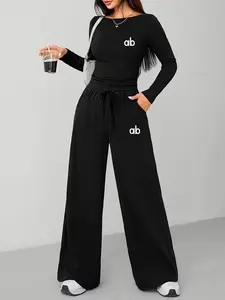 Slimming Versatile Ab Letter Bell Pants Set, Short Sleeve Waist Show Yoga Pants, Elastic Fabric, Casual All Seasons, Student Essential