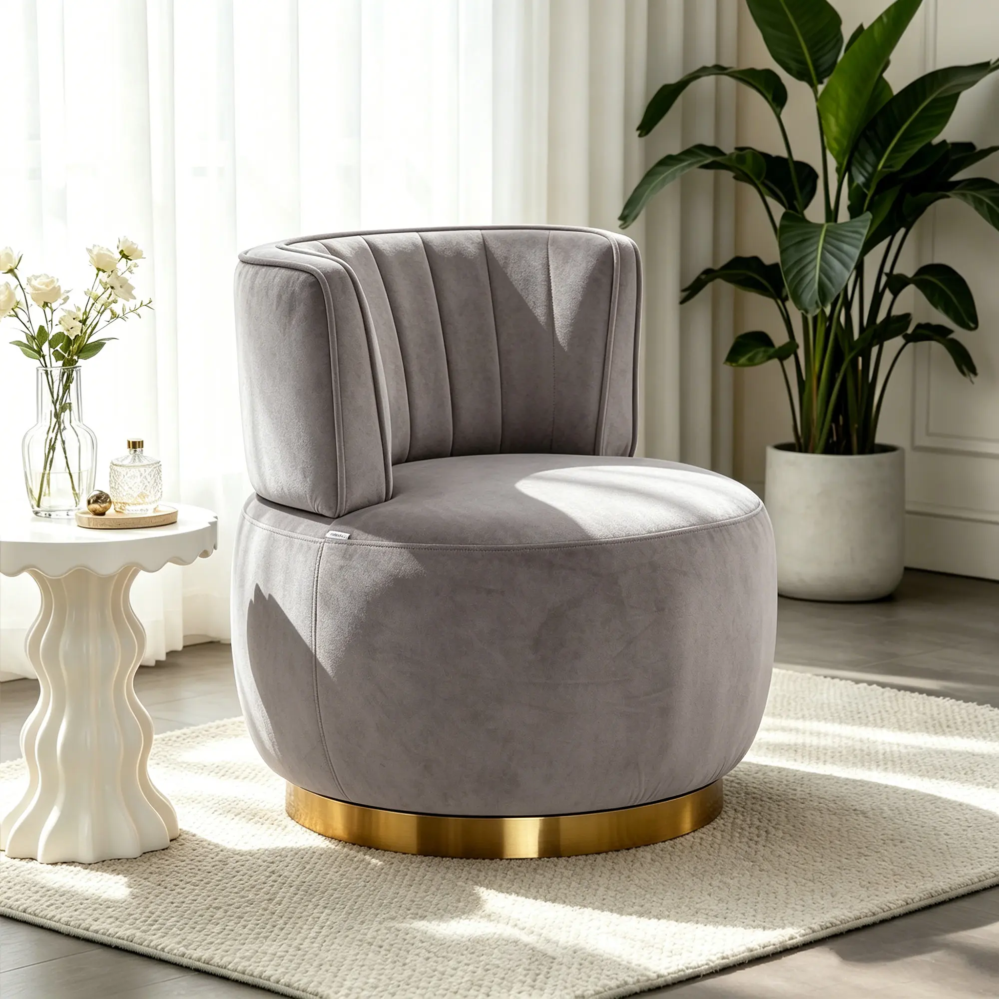 Swivel Barrel Chair, Velvet Accent Chair with High Back & Gold Metal Base, Round Reading Chair for Living Room, Bedroom, Nursery, Office