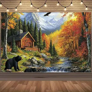 1pc Cabin Woods Backdrop Autumn Forest Bear River for Home Decor Camping Theme Party Rustic Wedding