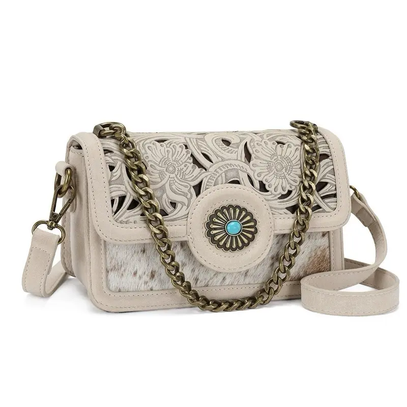 Trinity Ranch by Montana West Cowhide Floral Cutout Crossbody Bag w/ Chain Strap