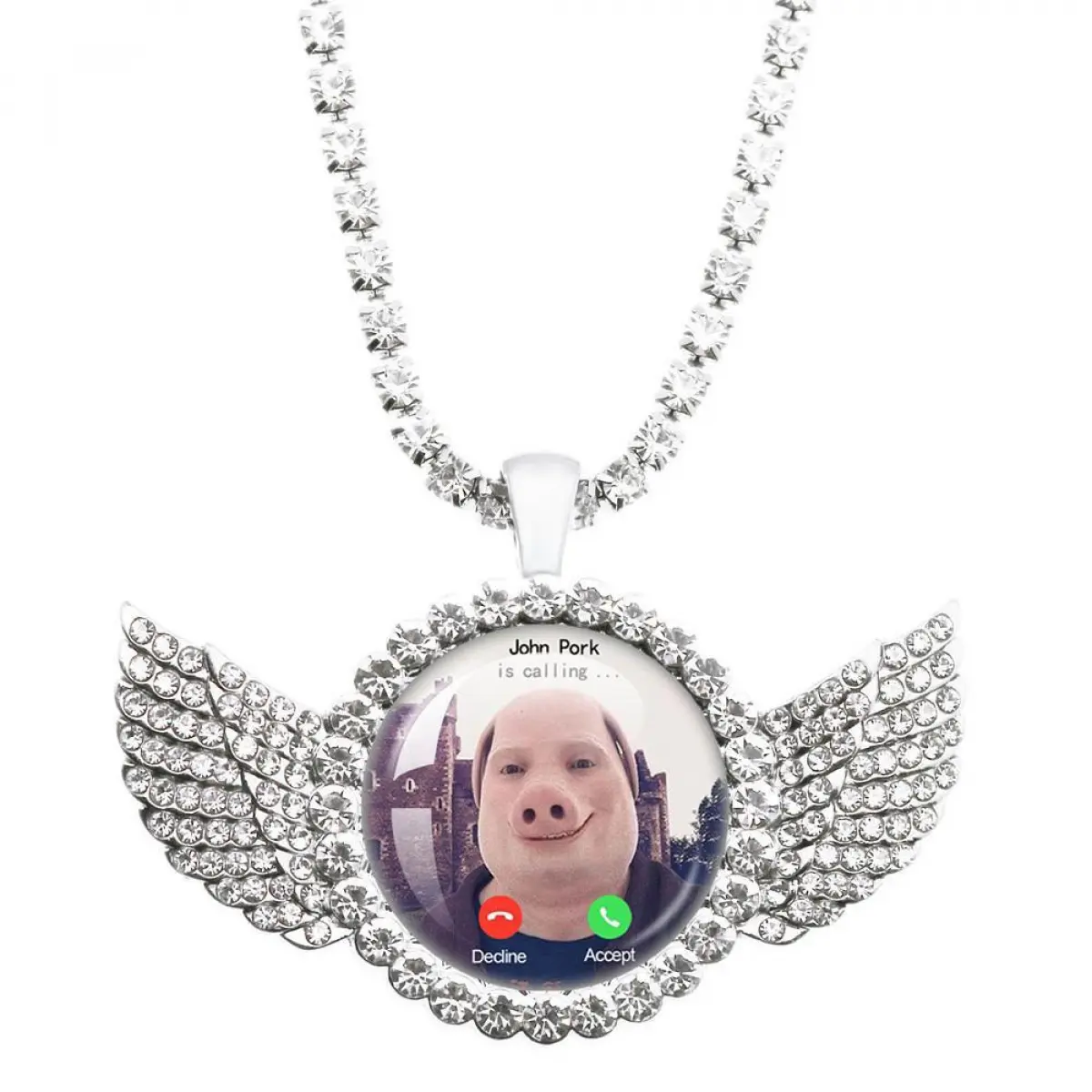 Funny John Pork Meme Funny Pig Answering Call Moon-Shaped Pendant Necklace, Custom Picture Pendant, Tarnish-Resistant Creative Animal Costume Jewelry, Perfect Gift for Pig Lovers