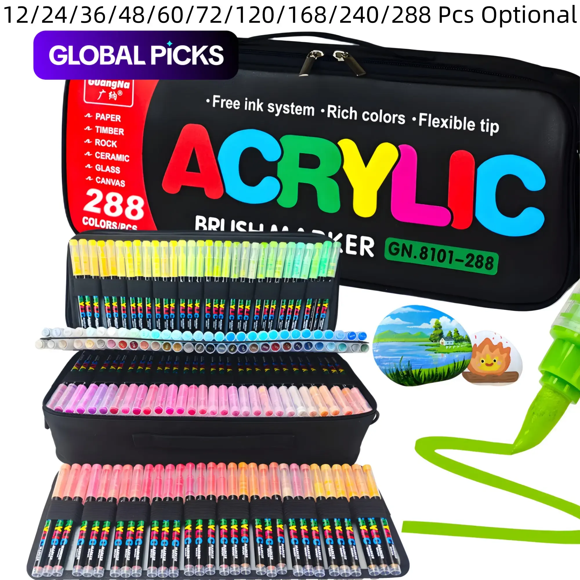 Guangna Automatic Ink Control Acrylic Paint Markers, Brush Tip Paint Pens for Wood, Rock, Glass, Canvas, Stone, Fabric, Metal and Ceramic, DIY Crafts Drawing Art Supplies and Gifts #GLOBAL PICKS