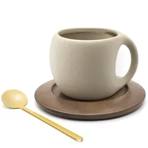 Vintage Ceramic Coffee Cup and Saucer Set with Wooden Coaster & Coffee spoon- Perfect for Serving Hot Beverages