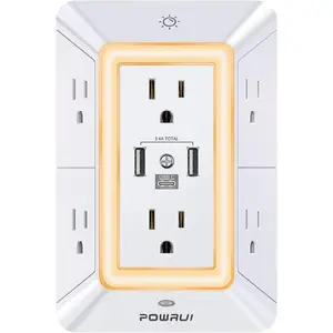 Multi Plug Outlet Surge Protector - POWRUI 6 Outlet Extender with 3 USB Ports (1 USB C) and Night Light, 3-Sided Power Strip with Adapter Spaced Outlets - White, ETL Listed