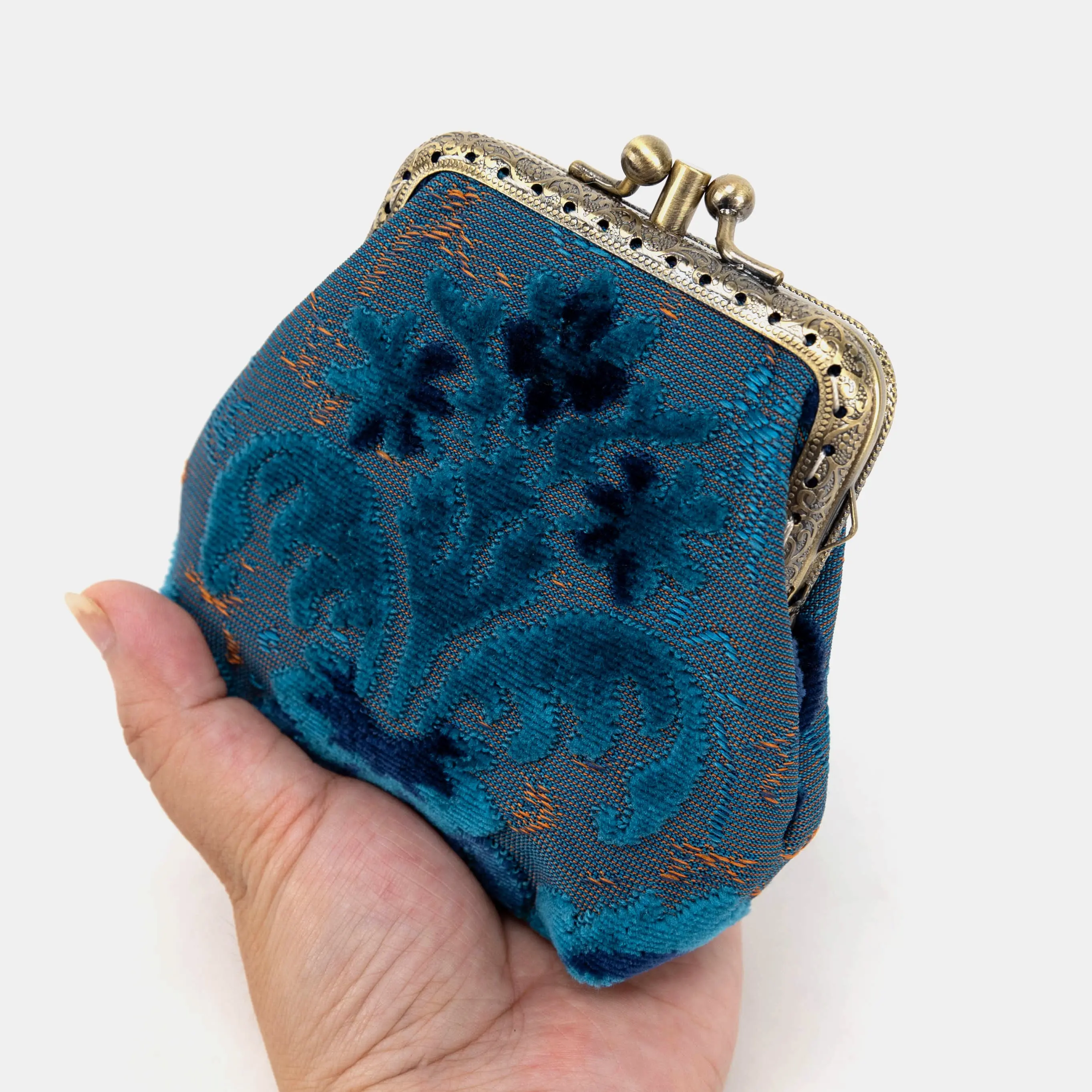 Burnout Velvet Revival Aqua Double Kiss Clasp Coin Purse Coin Pocket