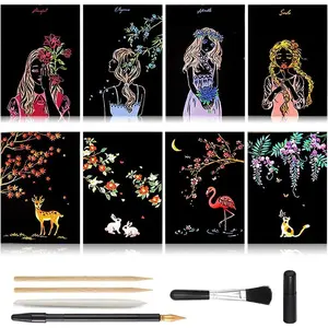 Scratch Art Paper, Rainbow Night View Scratchboard for Adults & Kids, Mini Envelope Postcard Art & Crafts Set: 8 Sheets Scratch Cards & Scratch Drawing Pen, Brush 7.9"x5.5" (Artistic Girl & Animal)
