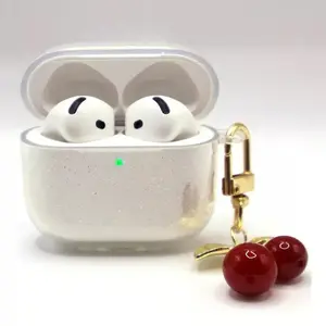 Simple Glitter Transparent Clear Earphone Case + Cherry Charm, Headphone Accessories, Anti-Drop Protection for Apple 1/2/3 Generations, New 4th Generation, Durable, Earbud