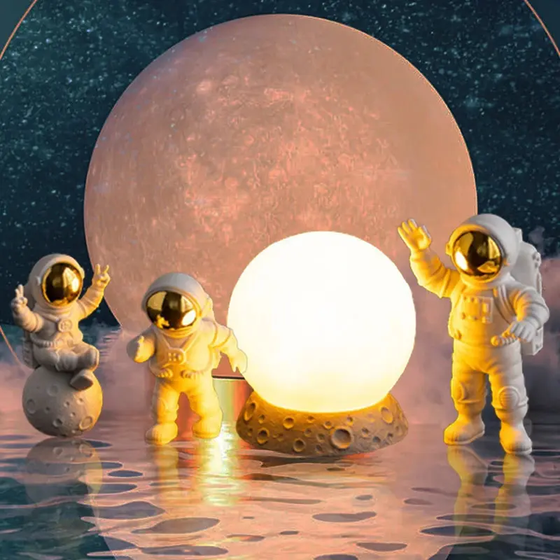 Astronaut Ornament Yellow Moon Ambient Light Office Wine Cooler Decorations Modern Astronaut Desktop Ornaments Modeling,Astronaut 3-Piece Set +white moonlight