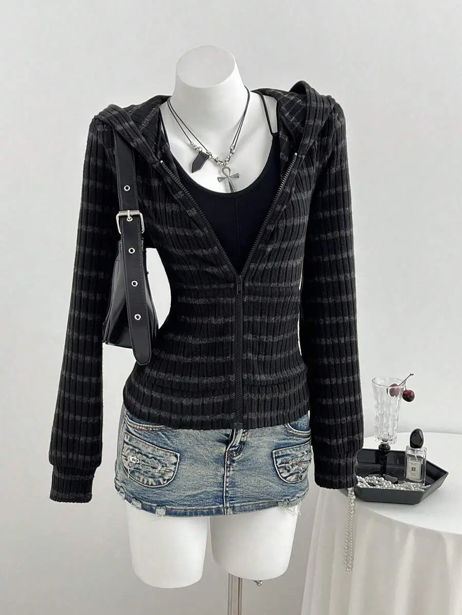 Women's Autumn/Winter Black Knitted Ribbed Fleece Ribbed Fabric Slim Fit Open Front Zipper Hooded Sweatshirt, Vintage Casual Streetwear College Daily Commute Sports Home Versatile
