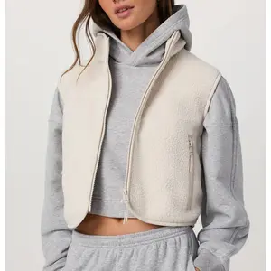 Hixiaohe Cropped Fleece Vest Women Zip Up Stand Collar Warm Sherpa Vest Fall Cute Sleeveless Fleece Waistcoat with Pocket