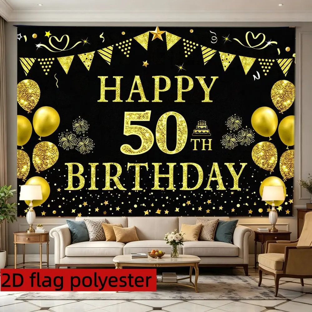 1pc black gold 50th birthday background cloth, Backdrop, Birthday Party Backdrop, with gold glitter 'HAPPY 50TH BIRTHDAY' words, balloons, suitable for black and gold theme birthday parties and anniversary events, multiple sizes available