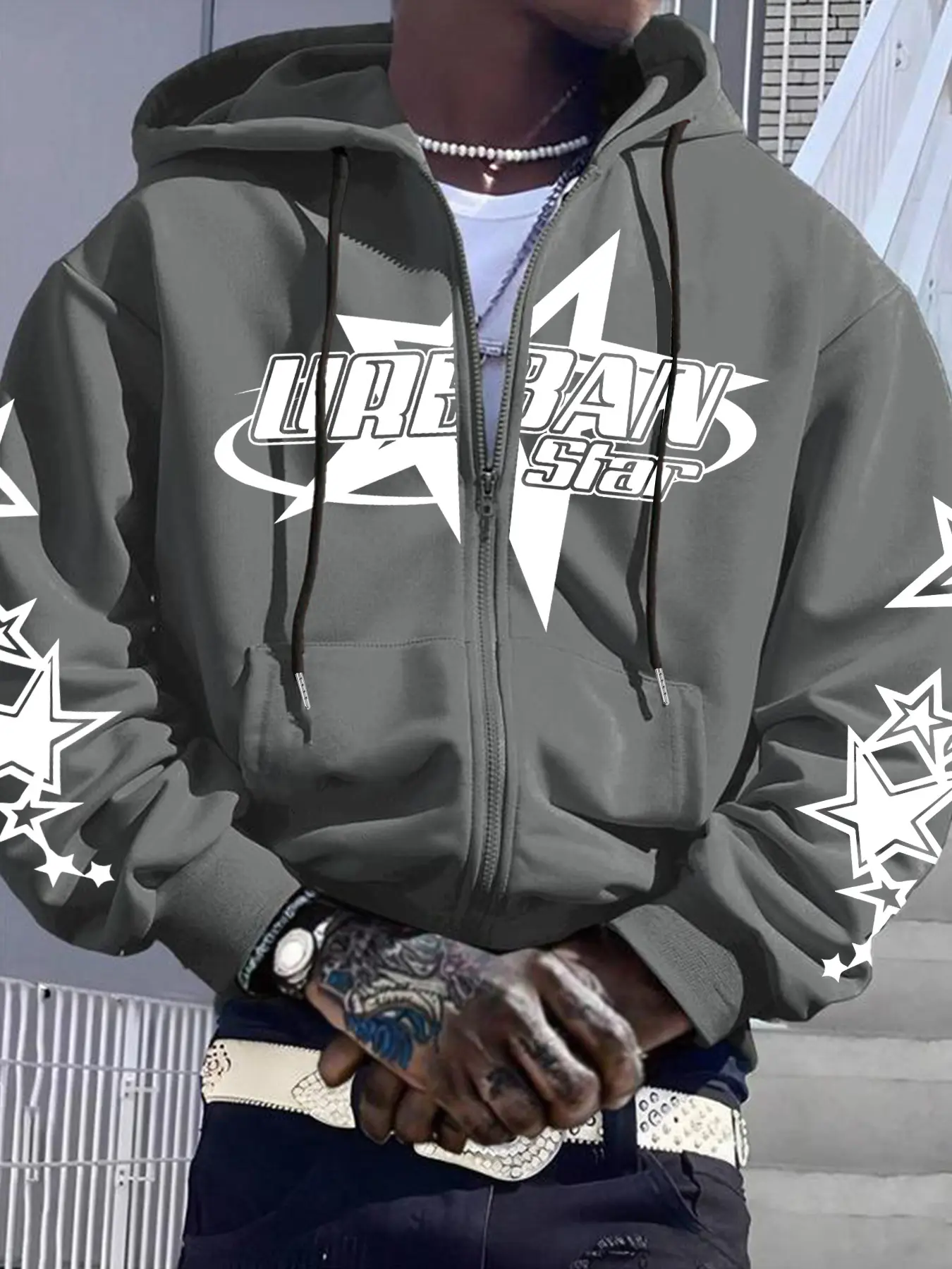 Men's Hooded Zipper Knit Sweatshirt with Urban Star Text & Geometric Stars Pattern, Streetwear Style Casual Wear for Daily & Parties