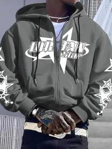 Men's Hooded Zipper Sweatshirt with Urban Star Text & Stars Pattern, Street Style Casual Wear for Daily & Parties