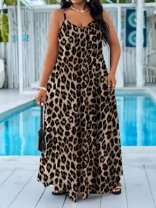 Women's Plus Size High Stretch Leopard Print Halter Dress, Casual Summer Sleeveless Maxi Dress, Comfortable and Stylish Chic Clothing