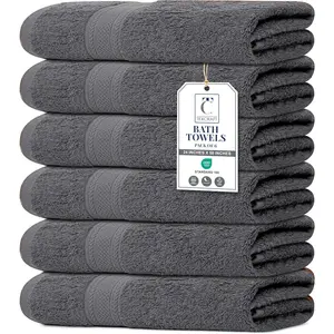 Large Bath Towels Set of 6 – 100% Cotton Terry – 24" x 50" – Quick Dry, Soft & Highly Absorbent – Grey Towels for Bathroom, Gym, Spa, Pool & Daily Use