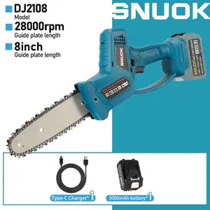 Snuok 18v 8-Inch Cordless Chainsaw, 3000mah Type-C Battery, 28000 Rpm, Handheld for Tree Trimming, Wood Cutting, Branch Cleaning