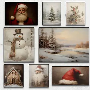 Santa Claus Snowman Plant Pattern Unframed Painting, 1 Count Modern Canvas Wall Art, Wall Decor for Home Living Room Bedroom Office, Home Decor