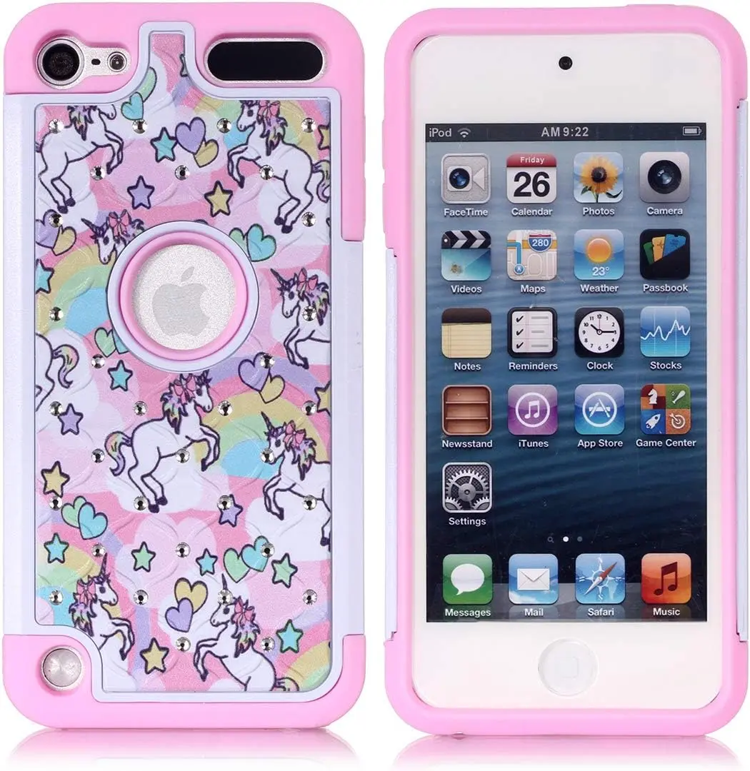 iPod Touch 5,6th, iPod 7th Generation Case, Rainbow Unicorn Pattern Shockproof Studded Rhinestone Crystal Bling Hybrid Case Silicone Armor for Apple iPod Touch 5 6th