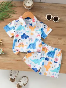 Cute Dinosaur Print Baby Boy Summer, Casual Fitted Short Sleeve Top and Shorts Set, Two Piece Set for Outdoor Vacation
