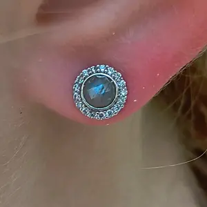 Luxe Labradorite! Rhodium Plated Labradorite and CZ Halo Stud Earrings