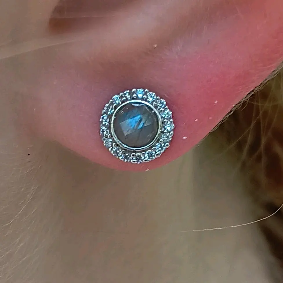 Luxe Labradorite! Rhodium Plated Labradorite and CZ Halo Stud Earrings