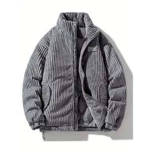 Unisex Corduroy Puffer Coat, Thickened Winter Warmth, Casual Stand Collar Zip-Up Jacket with Pockets, 100% Polyester, Long Sleeve, Regular Length, Woven Fabric, Loose Fit, Solid Color