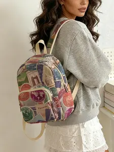 1 piece of 2D printed lady's backpack with vintage stamp pattern, velvet texture + layered storage + lightweight and easy to carry | perfect for students to go to class/shopping/short trips | combines atmosphere with practicality