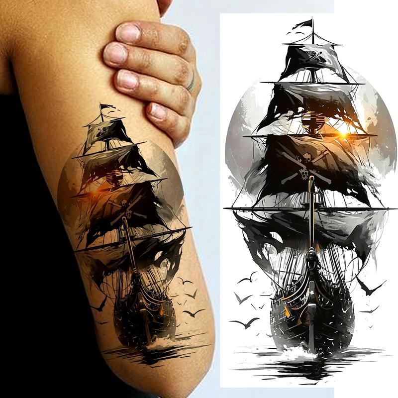 (6 Temporary Stickers with 3 Items & 3 Random Designs) Realistic Pirate Ship & Moon Temporary Tattoo for Men and Women - Waterproof Fake Tattoo Sticker for Arm, Thigh, Calf, and Forearm