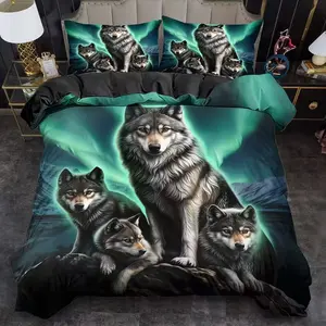 Pattern of a wolf pack under the aurora Bedding Set, 3 Piece Includes 1 Fitted Sheet and 2 Pillowcases, Soft Breathable Design, Suitable for Bedroom and Guest Room