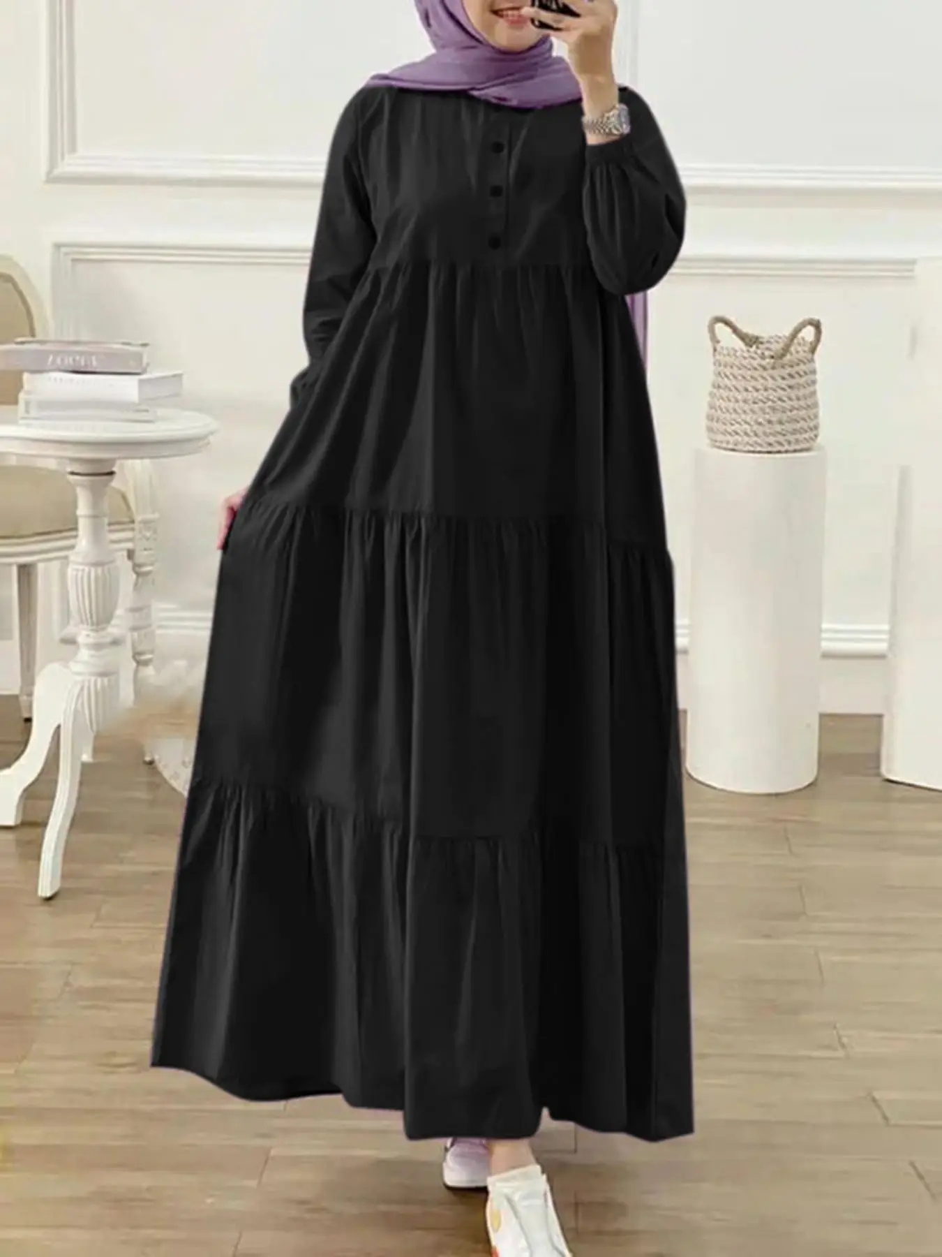 Women's Solid Button Front Ruffle Hem Arabian Dress, Modest Casual Bishop Sleeve Tiered Layer Long Dress for Daily Wear, Women's Islamic Clothing for