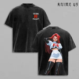 Team Rocket Jessie V2 T-Shirt Vintage Washed Heavy Cotton Oversized Anime Merch Double Printed Graphic Tee for Men Women 90s Retro Manga Kanto Villains Streetwear Pop Culture Casual Top Premium Everyday Otaku Cosplay Clothing Trending Apparel Top Gift