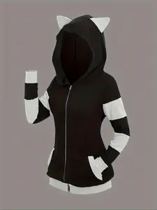 Women's Colorblock Zipper Hooded Sweatshirt, Long Sleeve, Casual Loose-Fit Fall & Winter Wear, Comfortable Waffle Knit Fabric, Stylish Ladies' Apparel, Colorblock Hoodie