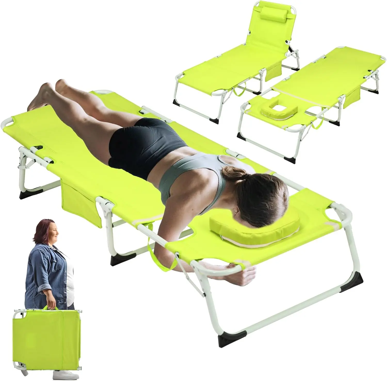 3-in-1 Outdoor Tanning Chair with Face Hole, 5-Position Reclining, Head Cushion - Portable Folding Beach Lounge Chair for Pool, Lawn (Green)
